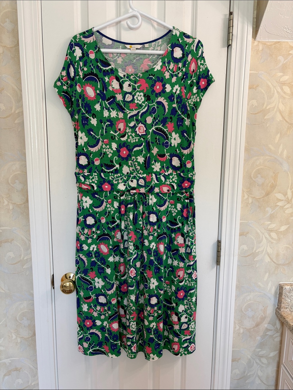 Boden of London Green, Pink and Royal Floral Print Easy-fit Short Sleeve Dress